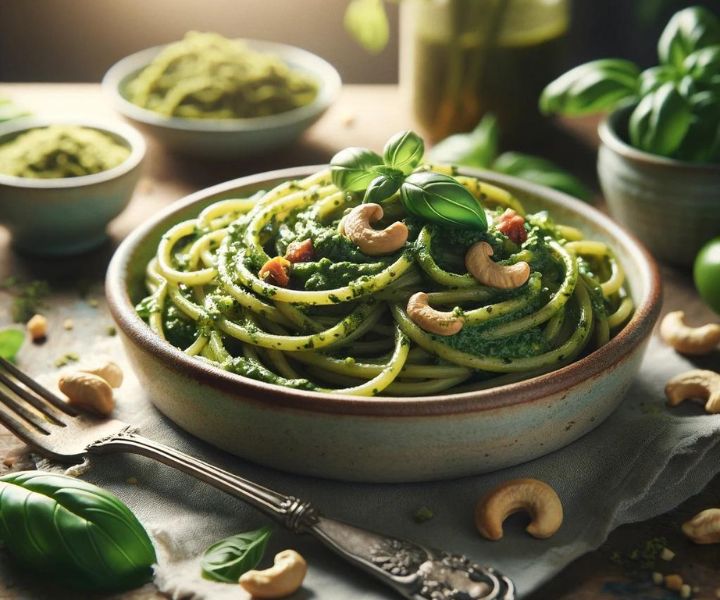 Macarrao ao Pesto Vegano Castanhas e Manjericao