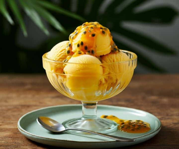 Gelado de Manga Vegano com Calda de Maracujá