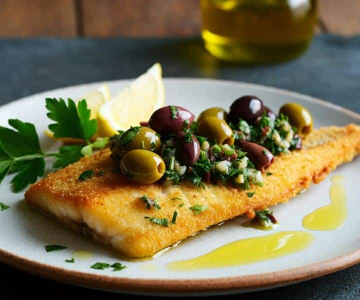 Peixe Frito com Molho de Azeitonas Crocante e Saboroso