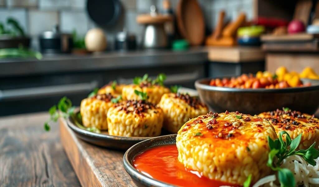 Bolinho de Arroz Vegano com Molho Picante: Uma Delícia Irresistível