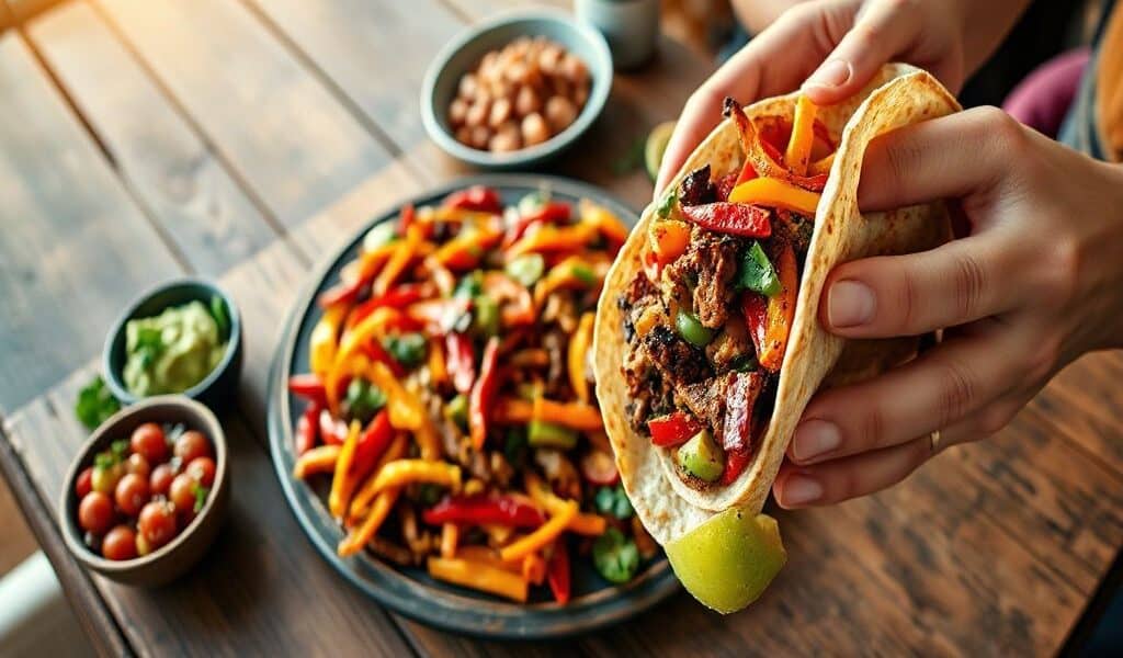 Fajitas Veganas com “Carne” de Soja e Pimentões