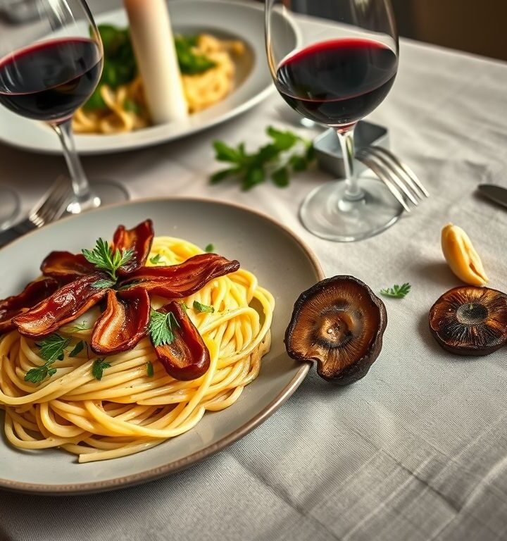 Carbonara Vegano com “Bacon” de Cogumelo: Uma Delícia Sustentável