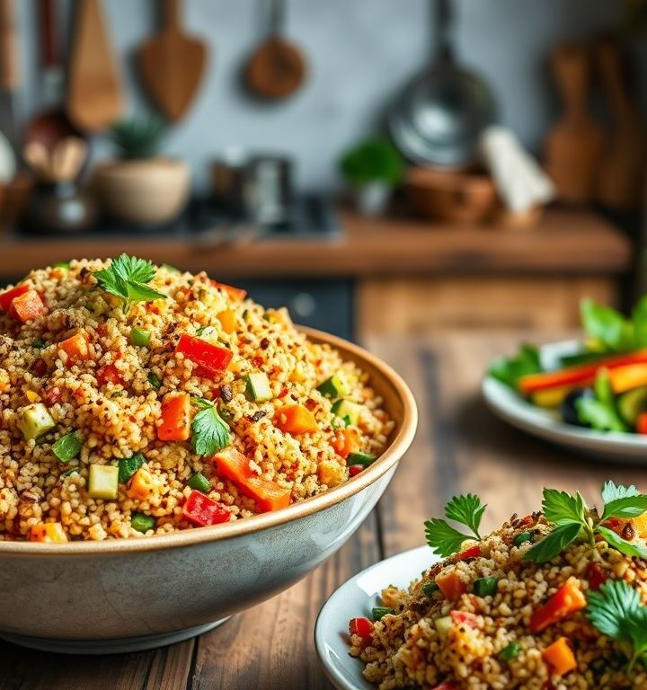 Quinoa Tostada com Legumes: Salada Vegana Vibrante 1 Quinoa Tostada com Legumes: Salada Vegana Vibrante