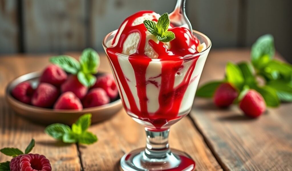 Sorvete Vegano de Baunilha com Calda Quente de Framboesa: Uma Delícia Refrescante
