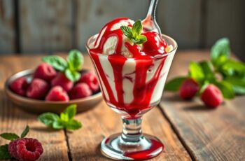 Sorvete Vegano de Baunilha com Calda Quente de Framboesa: Uma Delícia Refrescante