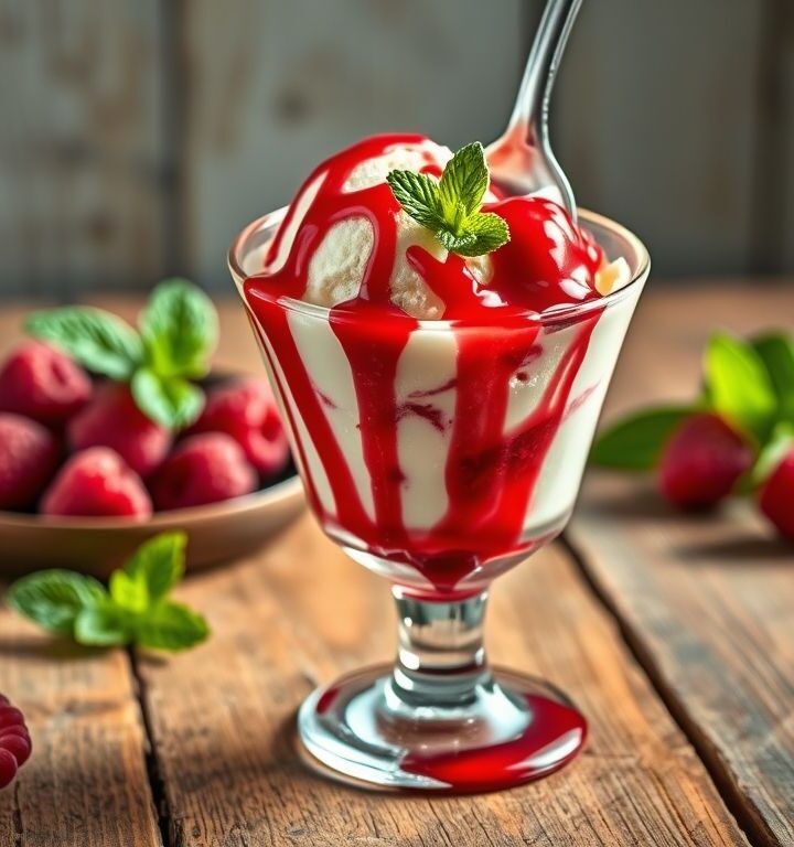 Sorvete Vegano de Baunilha com Calda Quente de Framboesa: Uma Delícia Refrescante